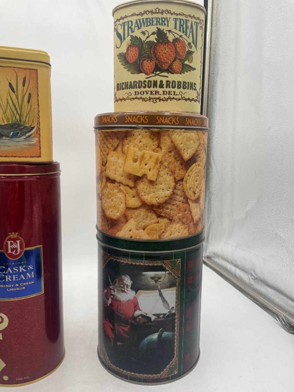 Lot of 7 Decorative Vintage Tin Containers Advertising Snack And Holiday Themes